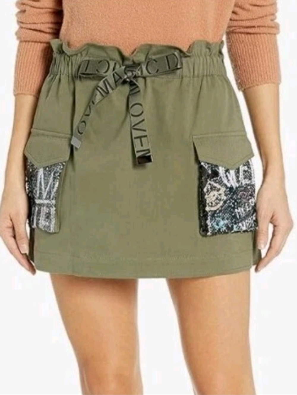 Ramy Brook NY Sequined Pocket Mini Skirt, Army Green Hidden Graffiti Message M